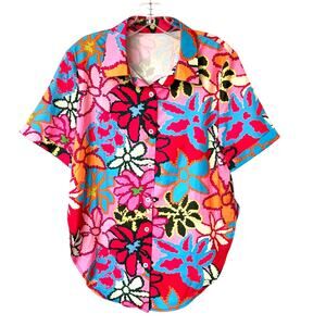 Wms L Vibrant Colorful Floral SS Button Up Tunic Shirt Dopamine Dressing